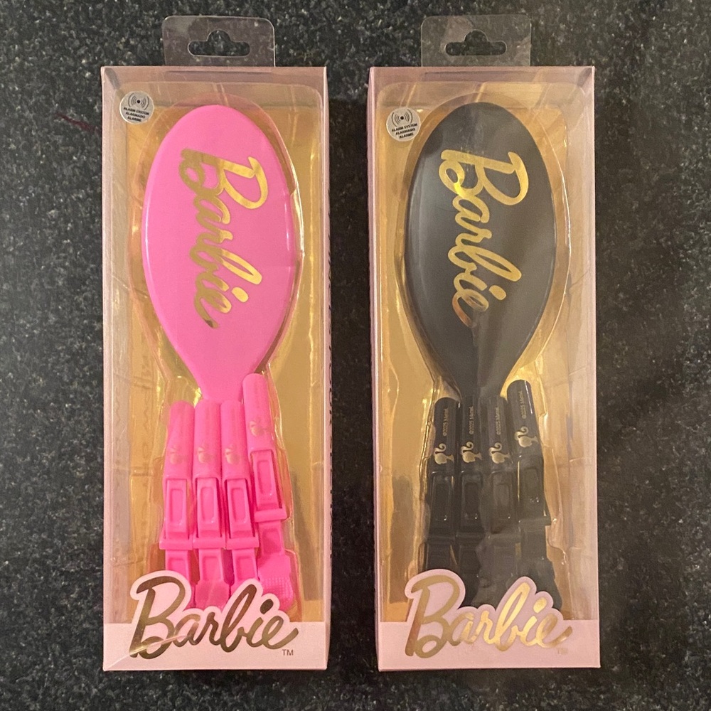 Two Barbie Hair Brush & Blow Dry Clip Sets Pink and Black